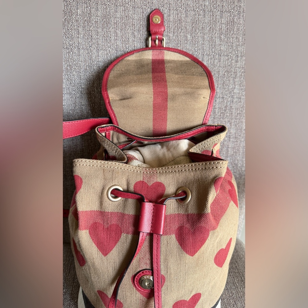 Burberry Beige Canvas Backpack with Red Heart Print and Red Leather Trim - Picture 10 of 16